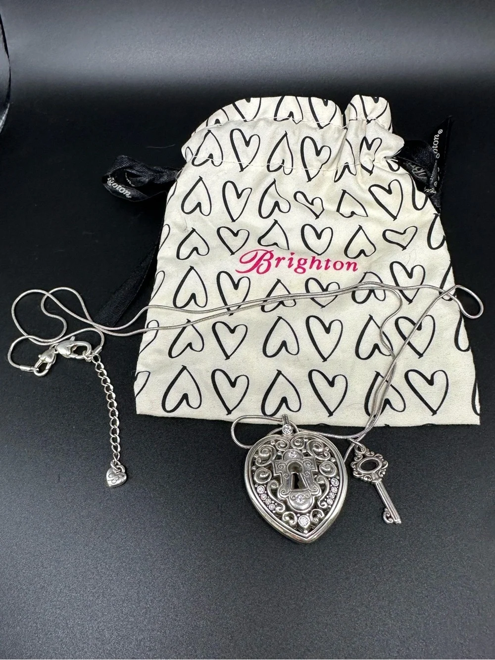 Retired Brighton Lock Heart and Key Reversible Pendant Necklace Silver Plate